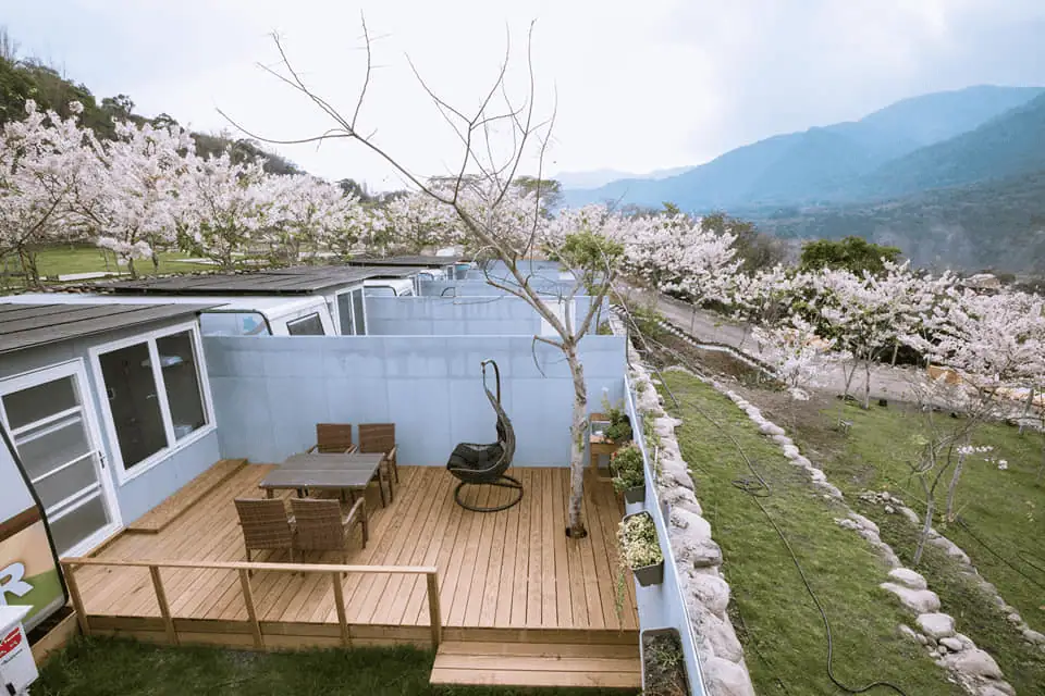 遠山望月溫泉風呂露營區的湯屋Villa與花旗木盛開
