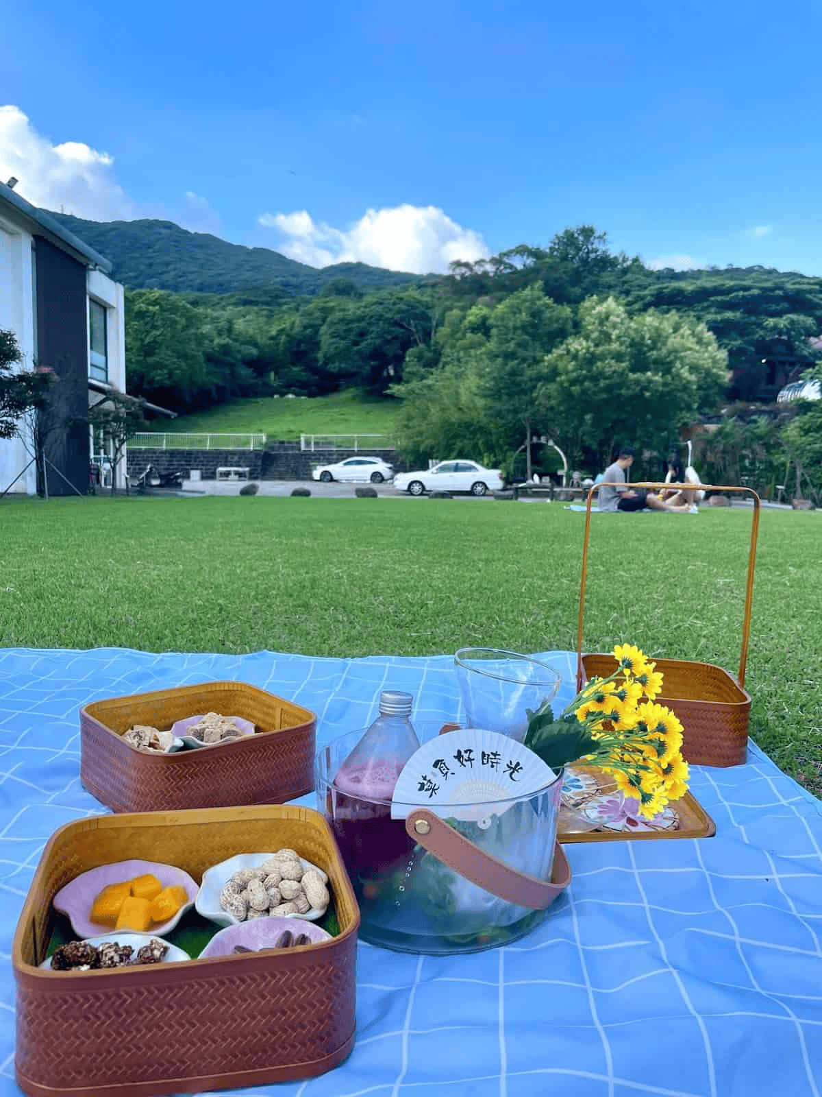台北泡湯休息推薦-蟬說暖硫泡湯後在草地上享用野餐冰茶