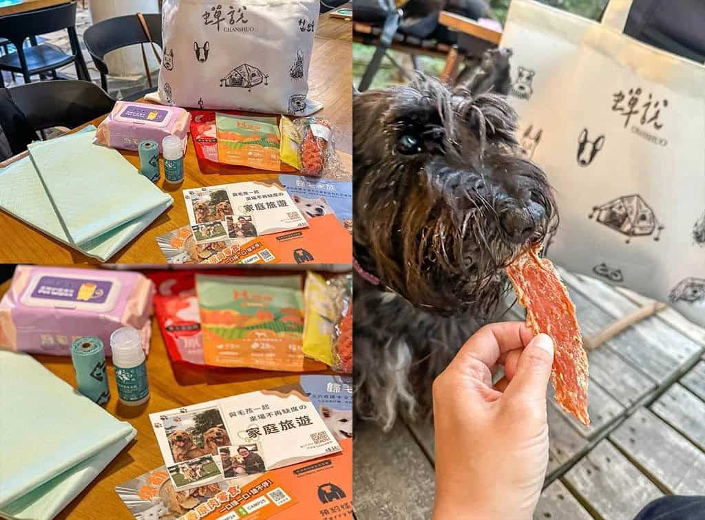 蟬說提供寵物大禮包：專屬寵物零銅鑼燒、主食罐頭、水果優格啾啾棒、低敏無穀飼料、保潔墊、濕紙巾等，內容依季節更換。